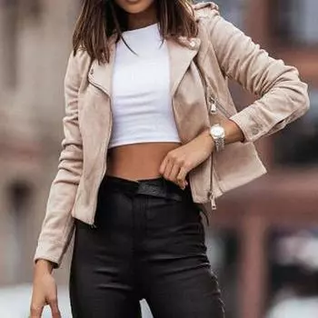 Женское модное повседневное бархатное пальто на молнии с длинным рукавом из оленьей кожи L бежевый