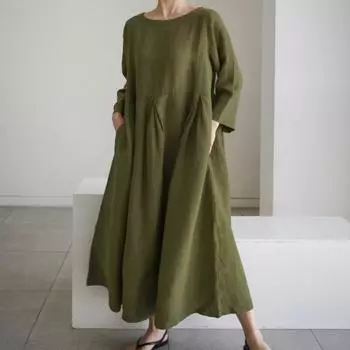 Женское Модное Повседневное Богемное Платье с Длинным Рукавом и Карманом, Длинная Юбка L армия зеленый