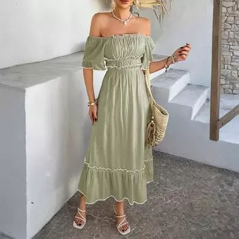 Женское Модное Повседневное Богемное Повседневное Платье с Контрастными Короткими Рукавами для Отпуска S зелёный