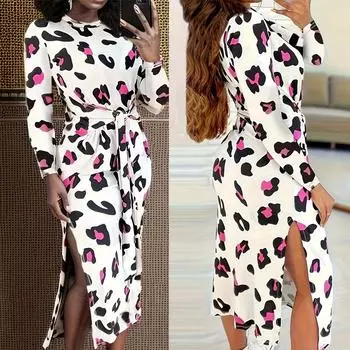 Женское модное повседневное длинное платье с длинным рукавом и разрезом