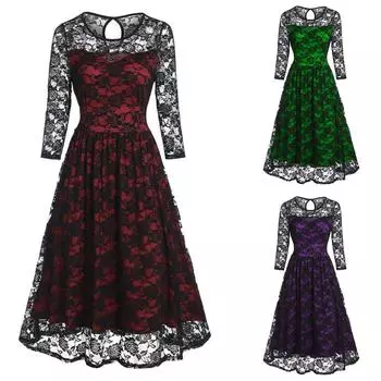 Женское модное повседневное длинное платье со средним рукавом и кружевным швом, однотонное платье S зелёный