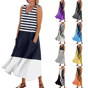 Женское модное повседневное хлопковое льняное платье без рукавов с принтом и карманами L чёрный