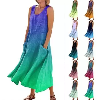 Женское модное повседневное хлопковое льняное платье без рукавов с принтом и карманами L синий