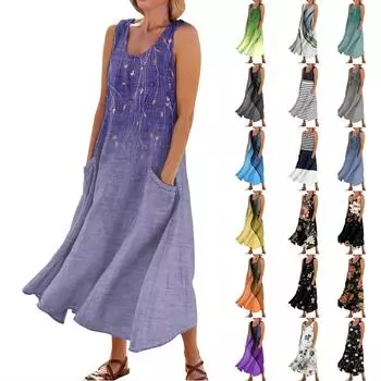 Женское модное повседневное хлопковое льняное платье без рукавов с принтом и карманами XXL