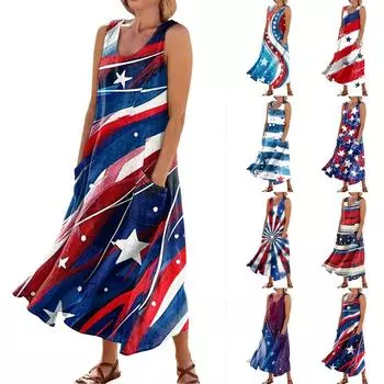 Женское модное повседневное хлопковое льняное платье без рукавов с принтом и карманами L синий