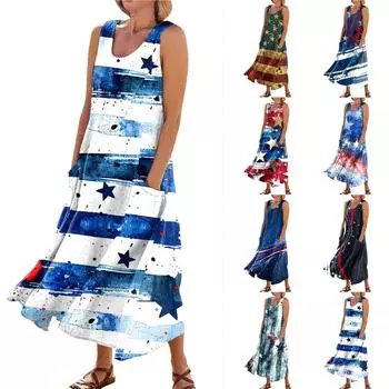 Женское модное повседневное хлопковое льняное платье без рукавов с принтом и карманами L