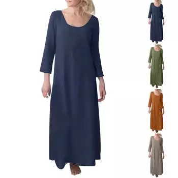 Женское модное повседневное хлопковое льняное платье однотонное длинное платье с длинным рукавом L синий