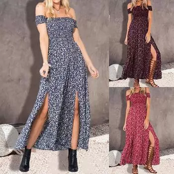 Женское модное повседневное легкое платье с открытыми плечами и небольшим цветочным разрезом с баннером Vooked S синий