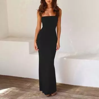 Женское модное повседневное летнее однотонное платье без рукавов с открытой спиной и подтяжками L чёрный