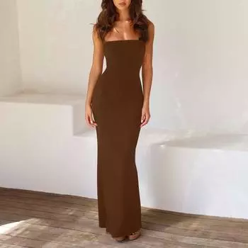 Женское модное повседневное летнее однотонное платье без рукавов с открытой спиной и подтяжками L коричневый