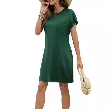 Женское модное повседневное летнее однотонное свободное платье с коротким рукавом и круглым вырезом L армия зеленый