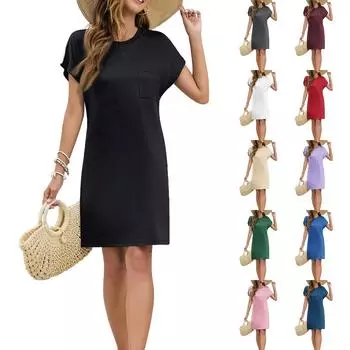 Женское модное повседневное летнее однотонное свободное платье с коротким рукавом и круглым вырезом L винный