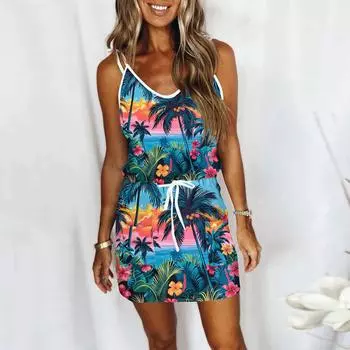 Женское модное повседневное летнее платье с принтом без рукавов и ремешками спереди с V-образным вырезом и карманами L синий