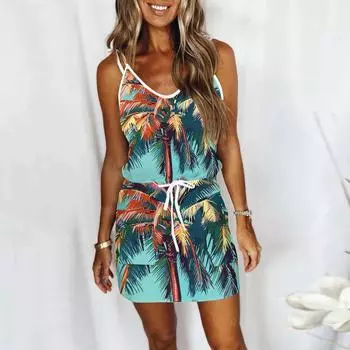 Женское модное повседневное летнее платье с принтом без рукавов и ремешками спереди с V-образным вырезом и карманами L синий