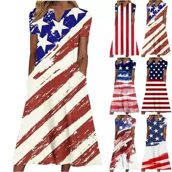 Женское модное повседневное летнее платье с короткими рукавами и v-образным вырезом с карманом и принтом XXL синий