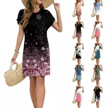 Женское модное повседневное летнее платье с цветочным принтом в стиле ретро и коротким рукавом и круглым вырезом M