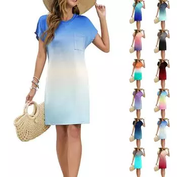 Женское модное повседневное летнее платье с градиентным принтом, коротким рукавом и круглым вырезом M