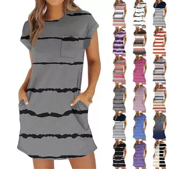 Женское модное повседневное летнее платье с полосатым принтом, коротким рукавом, круглым вырезом и карманами L