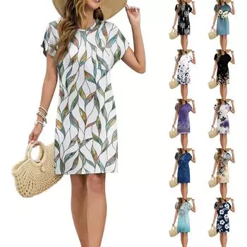 Женское модное повседневное летнее платье с цветочным принтом в стиле ретро и коротким рукавом и круглым вырезом L чёрный