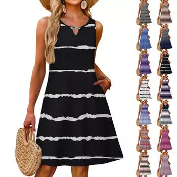 Женское модное повседневное летнее платье с полосатым принтом и карманом, пляжное праздничное платье-жилет M фиолетовый