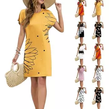 Женское модное повседневное летнее платье с цветочным принтом в стиле ретро и коротким рукавом и круглым вырезом M чёрный