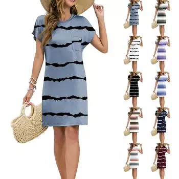 Женское модное повседневное летнее полосатое принтованное платье с коротким рукавом и круглым вырезом XXL белый