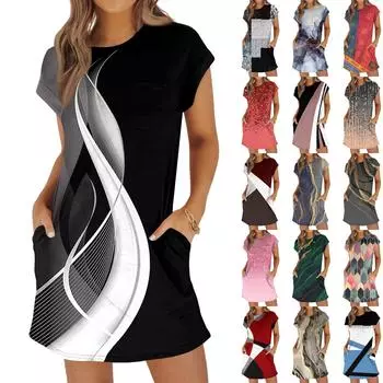 Женское модное повседневное летнее ретро-платье с цветными блоками и принтом, короткими рукавами, круглым вырезом, свободным платьем с карманами XXL красный