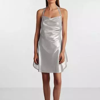 Женское модное повседневное летнее сексуальное облегающее платье с открытыми плечами и разрезом на подтяжках One Size серебряный