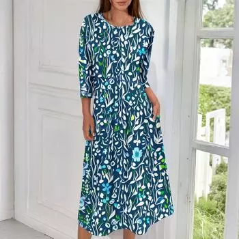 Женское модное повседневное миди-платье с круглым вырезом и рукавами три четверти L армия зеленый