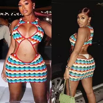 Женское модное повседневное мини-платье без рукавов с круглым вырезом, многоцветное повседневное платье с абстрактным принтом и вырезом S разноцветный