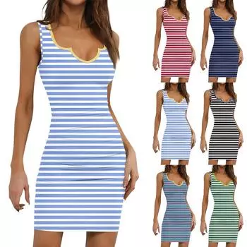 Женское модное повседневное облегающее летнее платье с принтом, облегающее талию, без рукавов M тёмно-синий