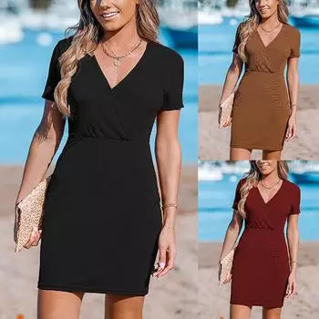 Женское модное повседневное облегающее однотонное платье с короткими рукавами и v-образным вырезом в небольшую полоску L чёрный