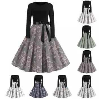 Женское модное повседневное облегающее платье с круглым вырезом и цветочным принтом с длинными рукавами L армия зеленый