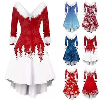 Женское модное повседневное облегающее платье с V-образным вырезом и рождественским принтом из плюша с длинными рукавами XXL