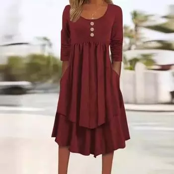 Женское модное повседневное облегающее платье с длинным рукавом и U-образным вырезом на пуговицах S чёрный