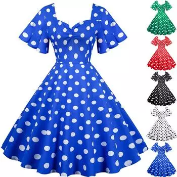 Женское модное повседневное облегающее платье с короткими рукавами и винтажным принтом в горошек L чёрный