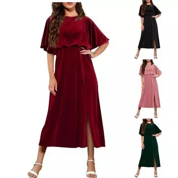 Женское модное повседневное однотонное бархатное платье с рукавами-листочками и разрезом на талии для женщин S винный