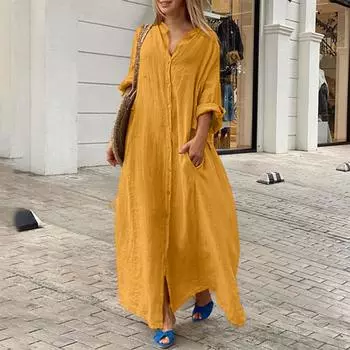 Женское модное повседневное однотонное длинное платье с карманами, повседневное большое платье из хлопка и конопли S жёлтый