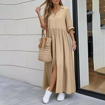 Женское модное повседневное однотонное длинное платье с неровным подолом, рубашечным воротником и пуговицами, повседневное платье L хаки