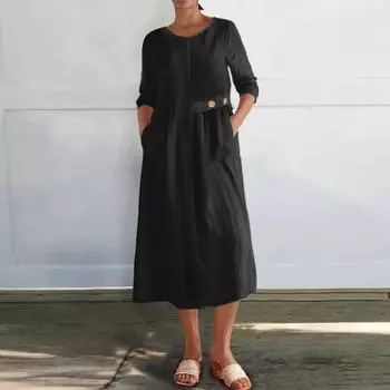 Женское Модное Повседневное Однотонное Длинное Платье на Пуговицах XXL