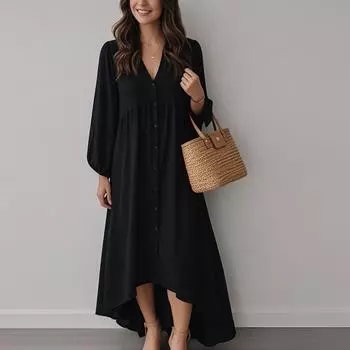 Женское модное повседневное однотонное длинное платье с неровным подолом, рубашечным воротником и пуговицами, повседневное платье L чёрный