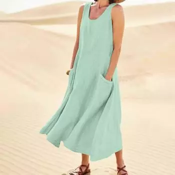 Женское модное повседневное однотонное хлопковое льняное платье без рукавов с карманами XL