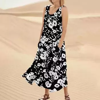 Женское модное повседневное однотонное хлопковое льняное платье без рукавов с карманами L чёрный