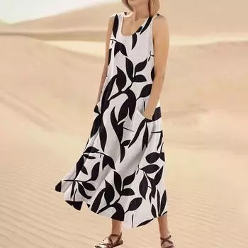 Женское модное повседневное однотонное хлопковое льняное платье без рукавов с карманами XXL бежевый