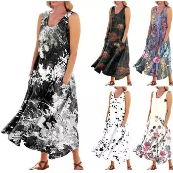 Женское модное повседневное однотонное хлопковое льняное платье без рукавов с карманами XXL чёрный