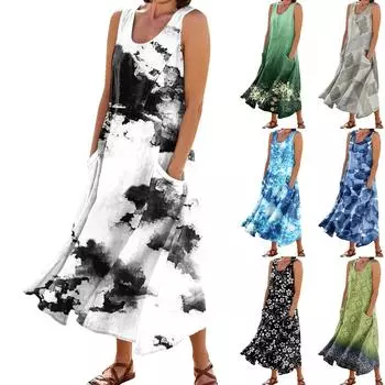 Женское модное повседневное однотонное хлопковое льняное платье без рукавов с карманами XXXXXL белый