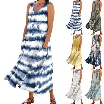 Женское модное повседневное однотонное хлопковое льняное платье без рукавов с карманами L бежевый