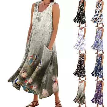 Женское модное повседневное однотонное хлопковое льняное платье без рукавов с карманами L чёрный