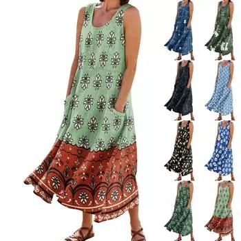 Женское модное повседневное однотонное хлопковое льняное платье без рукавов с карманами L