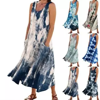 Женское модное повседневное однотонное хлопковое льняное платье без рукавов с карманами L синий